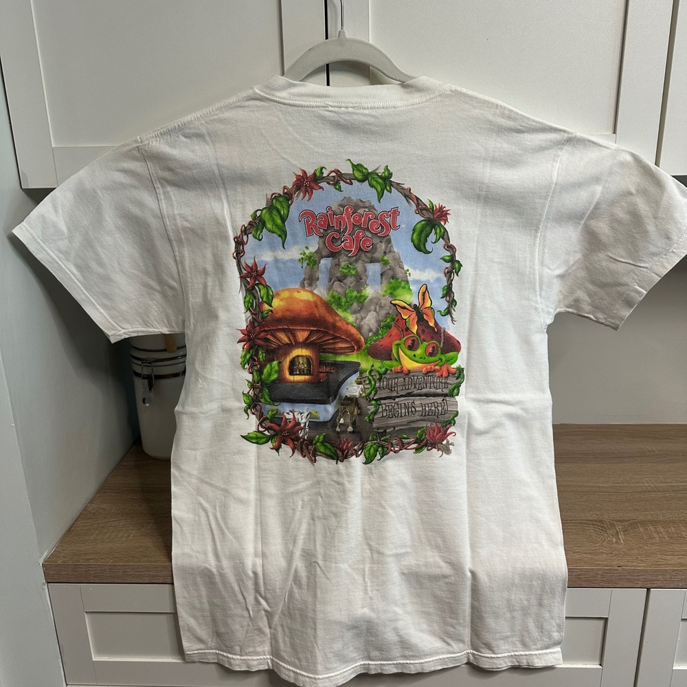 VTG 90s Rainforest Cafe T-Shirt US L White Orlando Graphic Frog Tultex Nostalgia